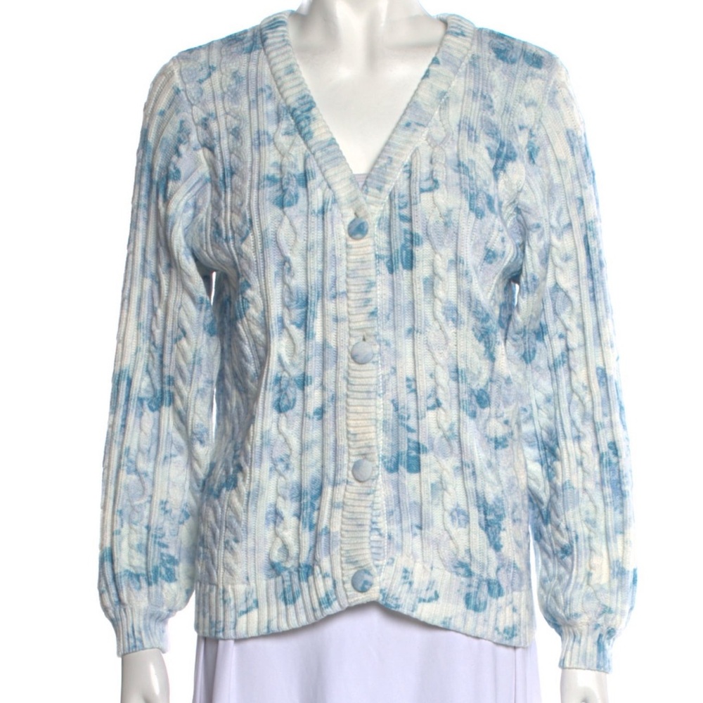 NWOT LoveShackFancy Blue Floral Cable Knit Cardigan, Small